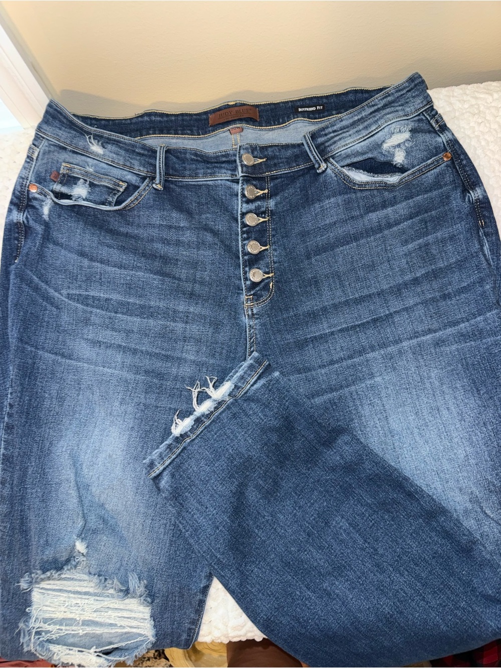 Women’s Blue Distressed Button-Fly Jeans